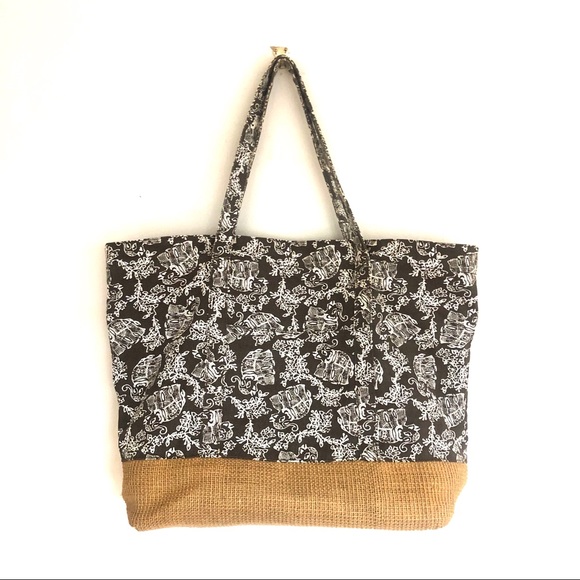 Calypso St. Barth Handbags - Calypso St Barth Elephant Print Jute Cotton Tote